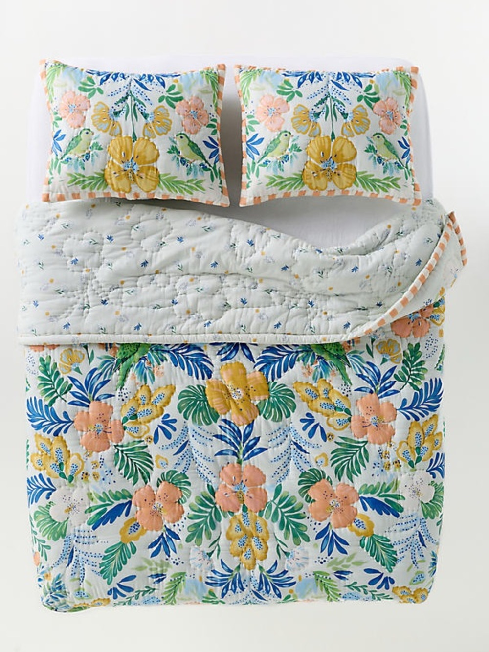 Anthropologie Ellen Merchant Yellow Bird Floral Parrot Quilted Queen Comforter